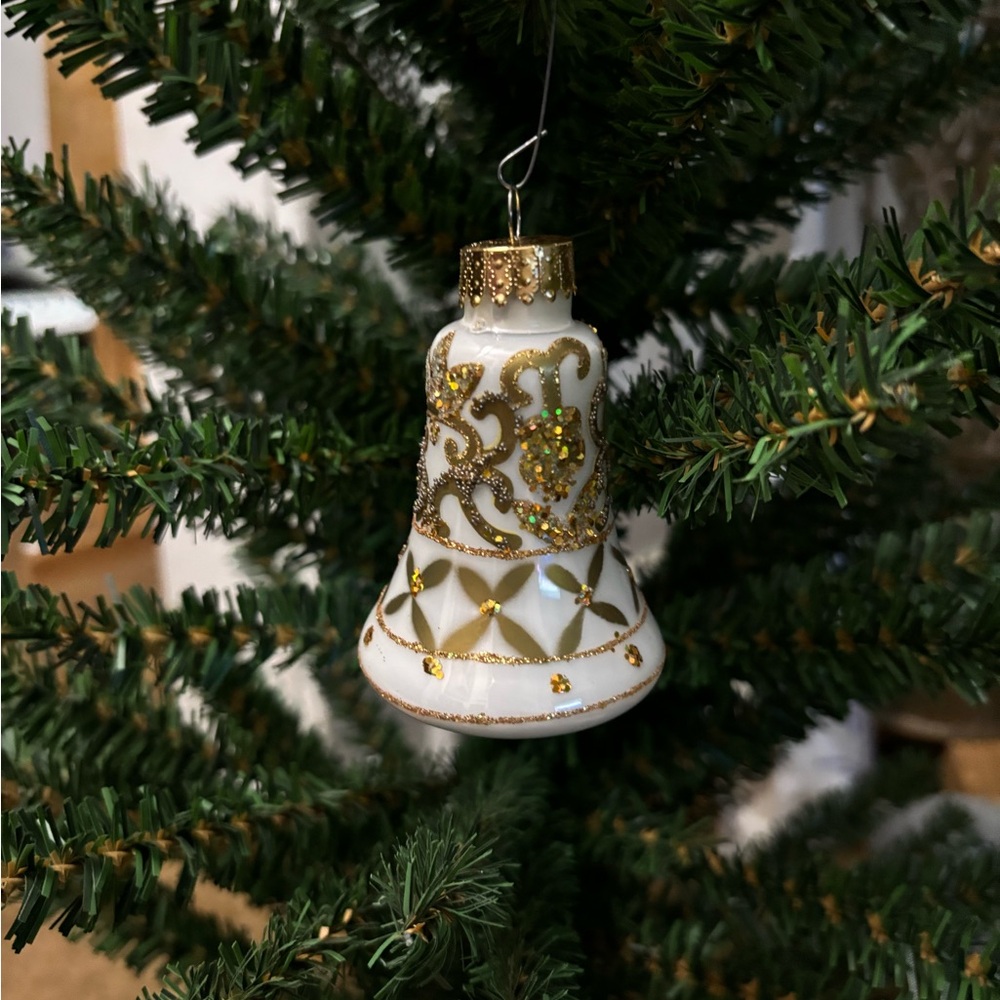 Vintage Christmas Glass Glitter White Tone Bell Ornament